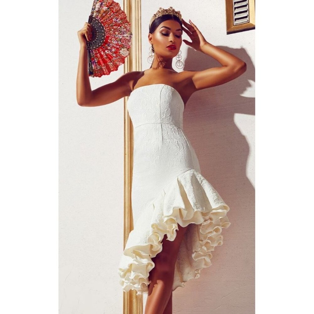 PrettyLittleThing Ivory Strapless Ruffle Dress